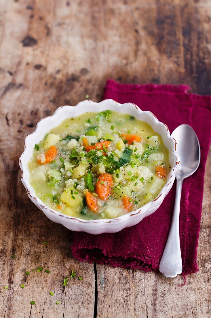 Barley broth with vegetables and smoked tofu