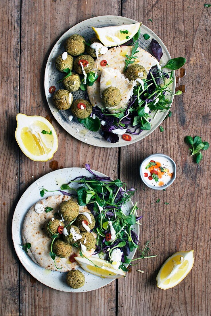 Falafel with Yogurt Sauce and Salads