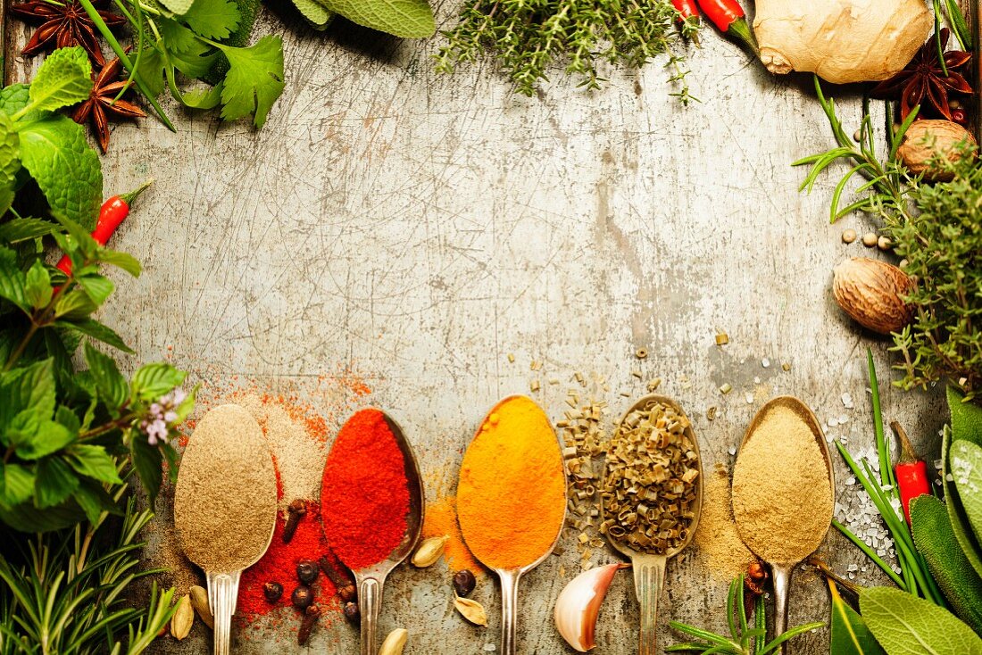 Herbs and spices selection on rustic background