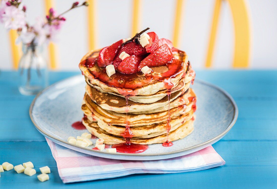 Strawberry white chocolate pancakes