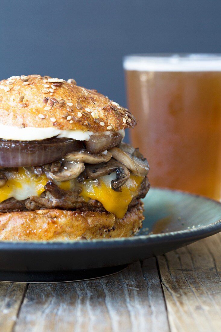 Cheese And Mushroom Burger with Beer