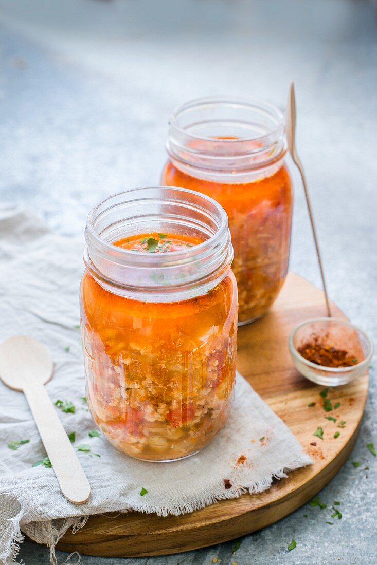 Hungarian cabbage soup in glass jars