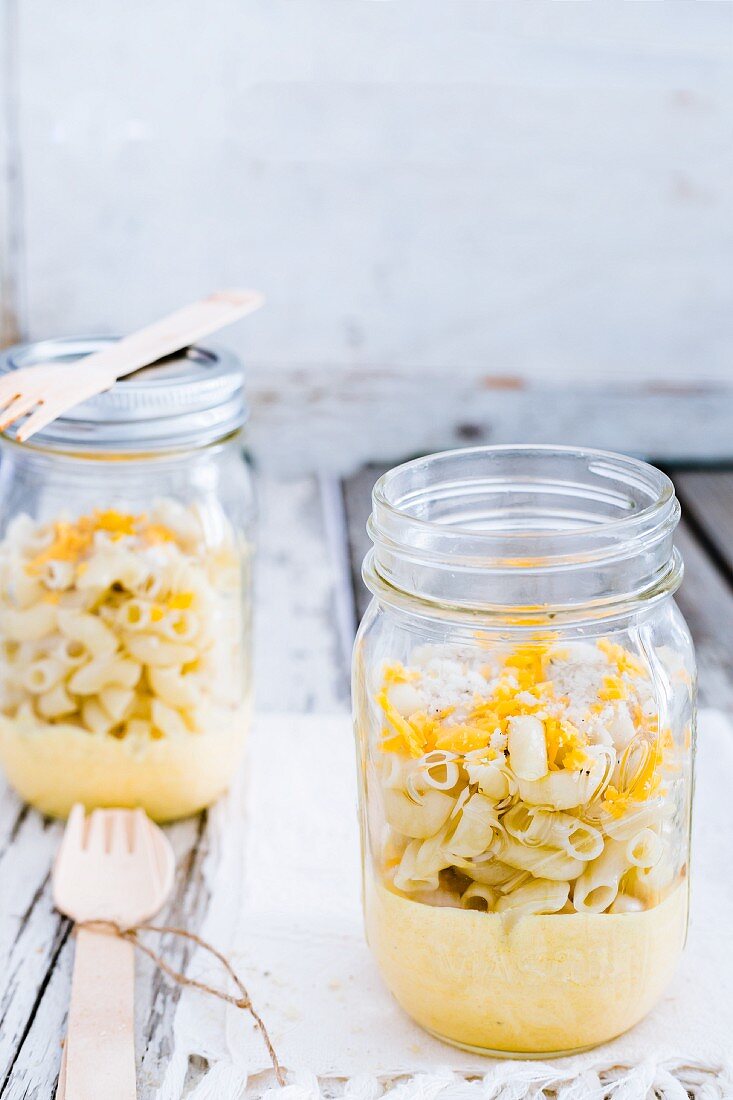 Macaroni and cheese in a glass jar
