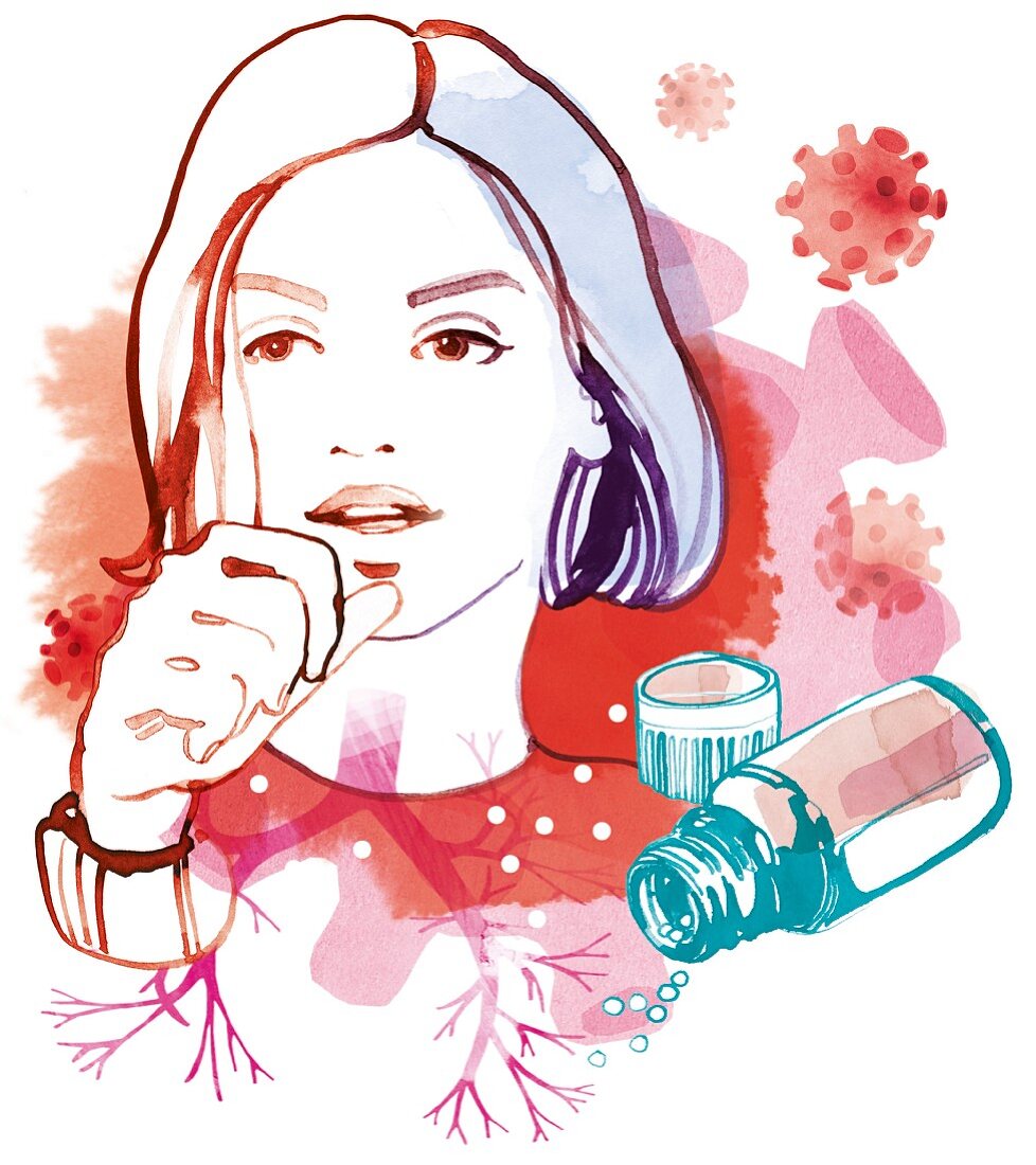 Illustration of a woman coughing and a little bottle of cough globules