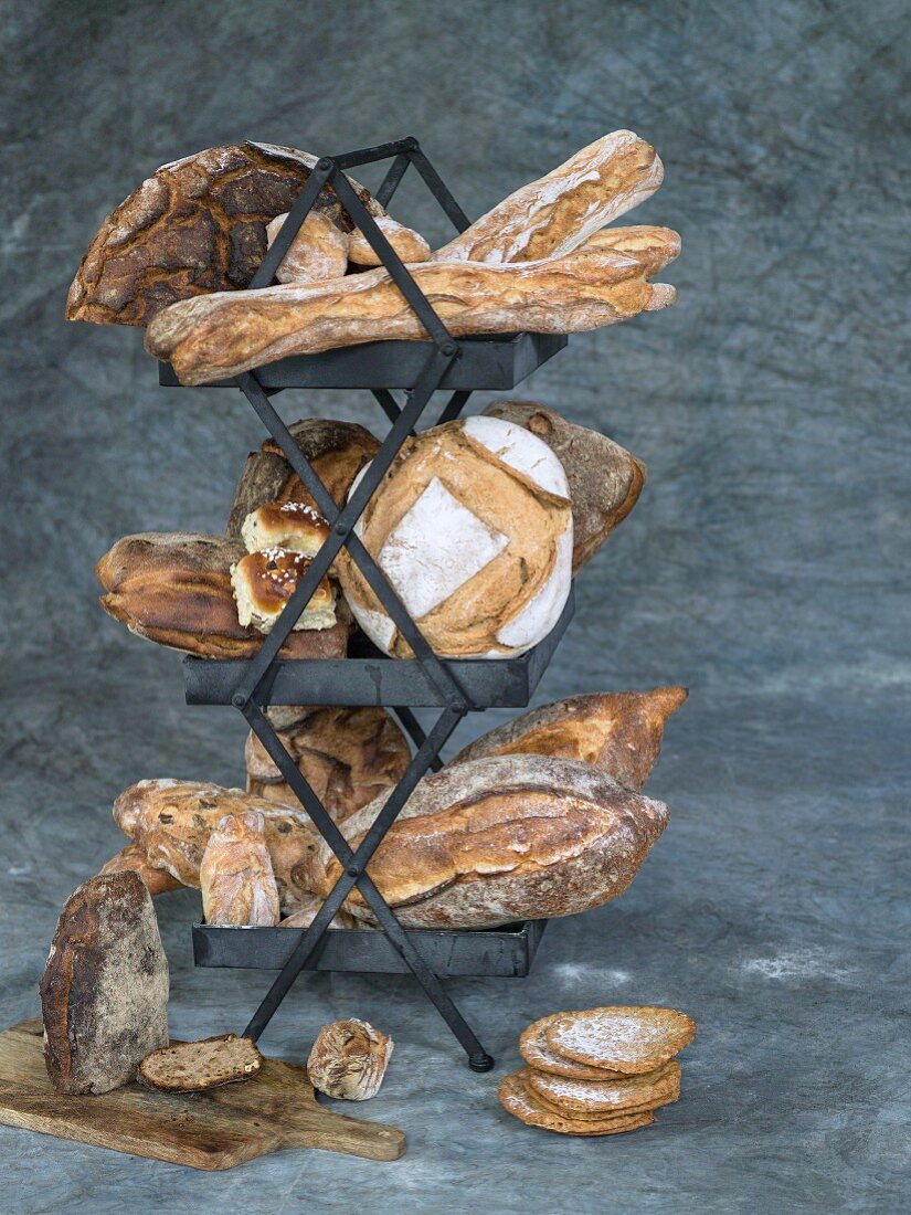 Various bread types on a stand