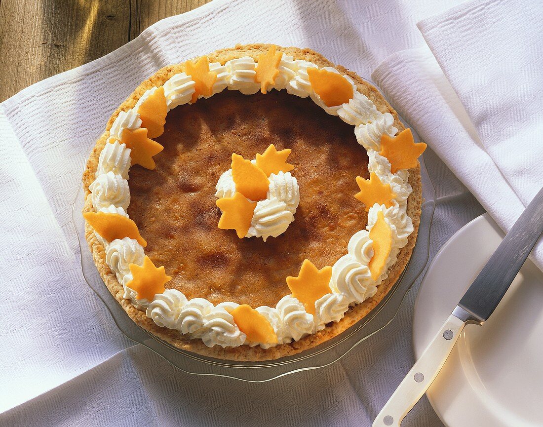 A pumpkin pie decorated with cream edge