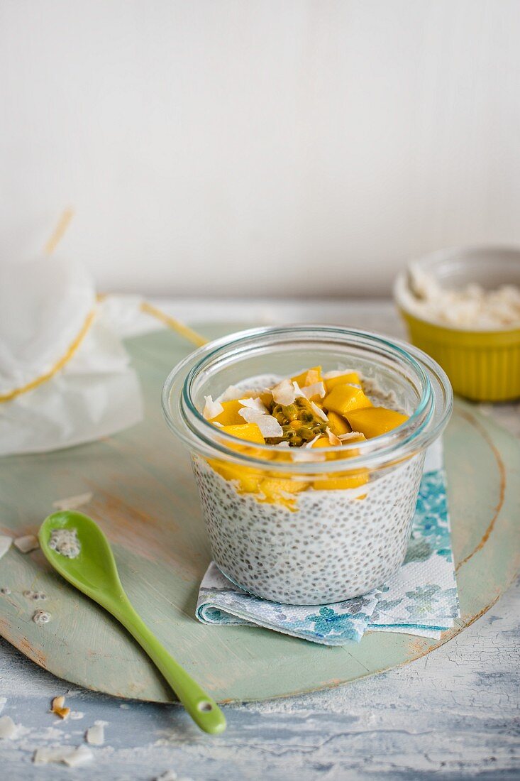 Coconut milk cia pudding with mango and passion fruit