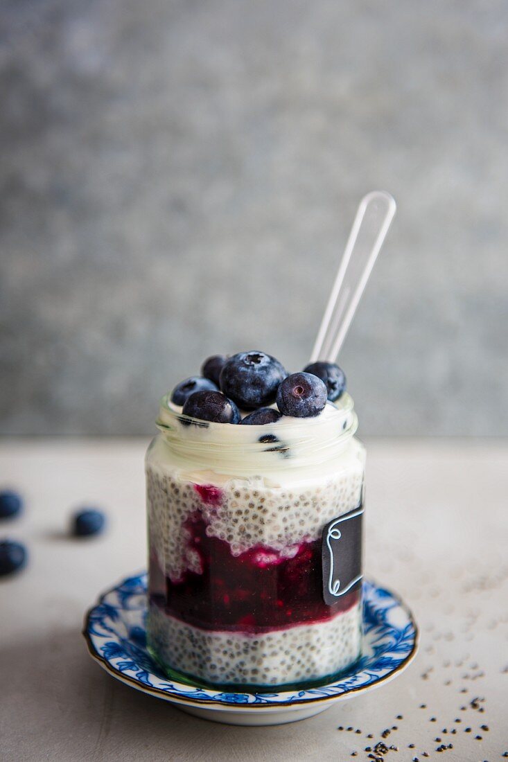 Chia and bluberry layered pudding with greek yoghurt, close up