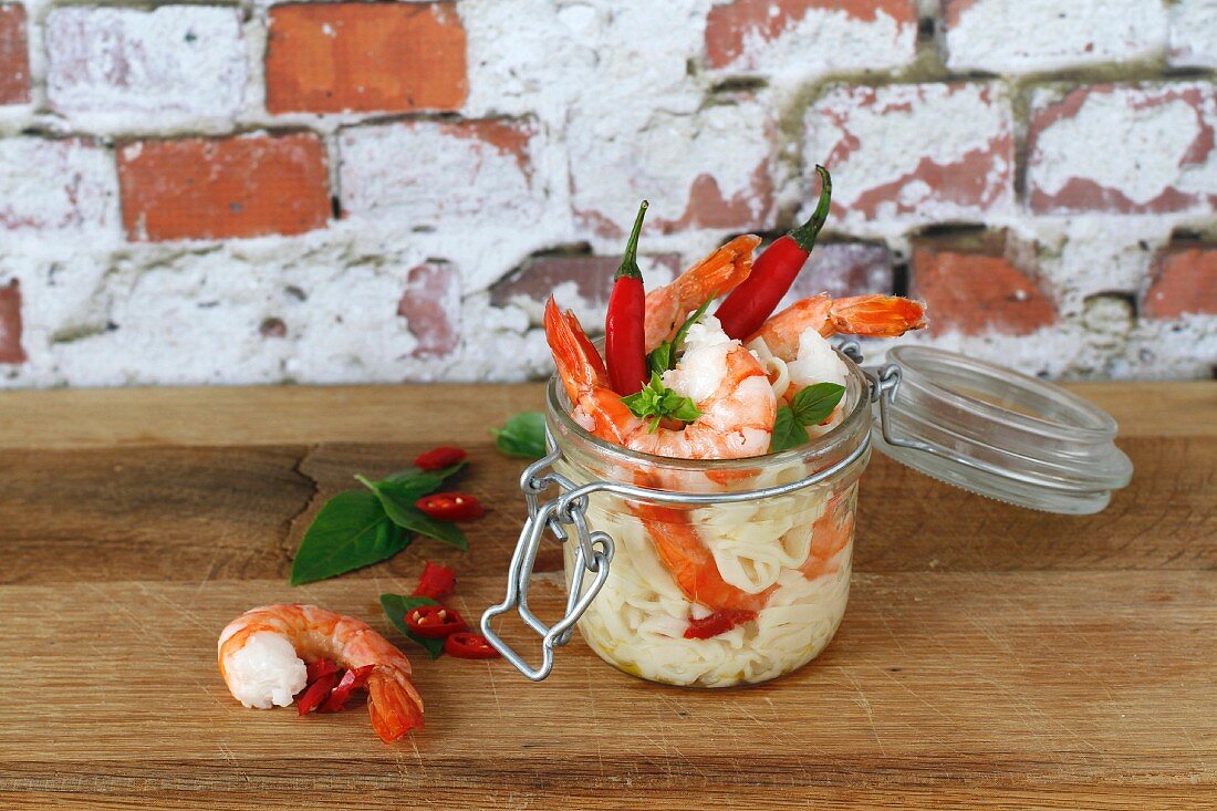 Prawn chili noodle meal in a jar