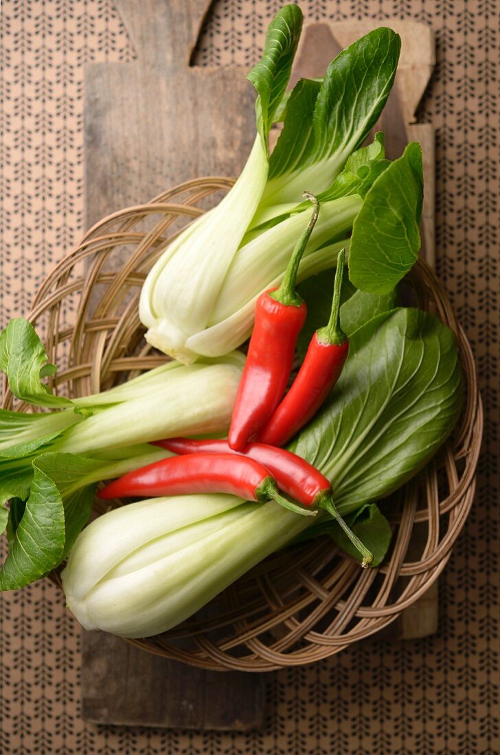 Fresh bok choy and chilli peppers from Indonesia