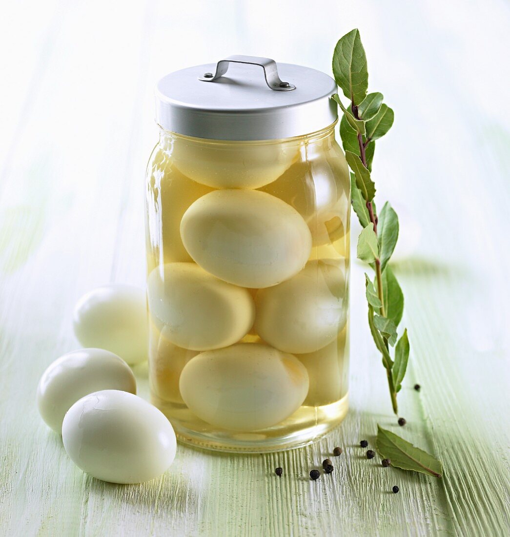 Eggs pickled in vinegar in a preserving jar