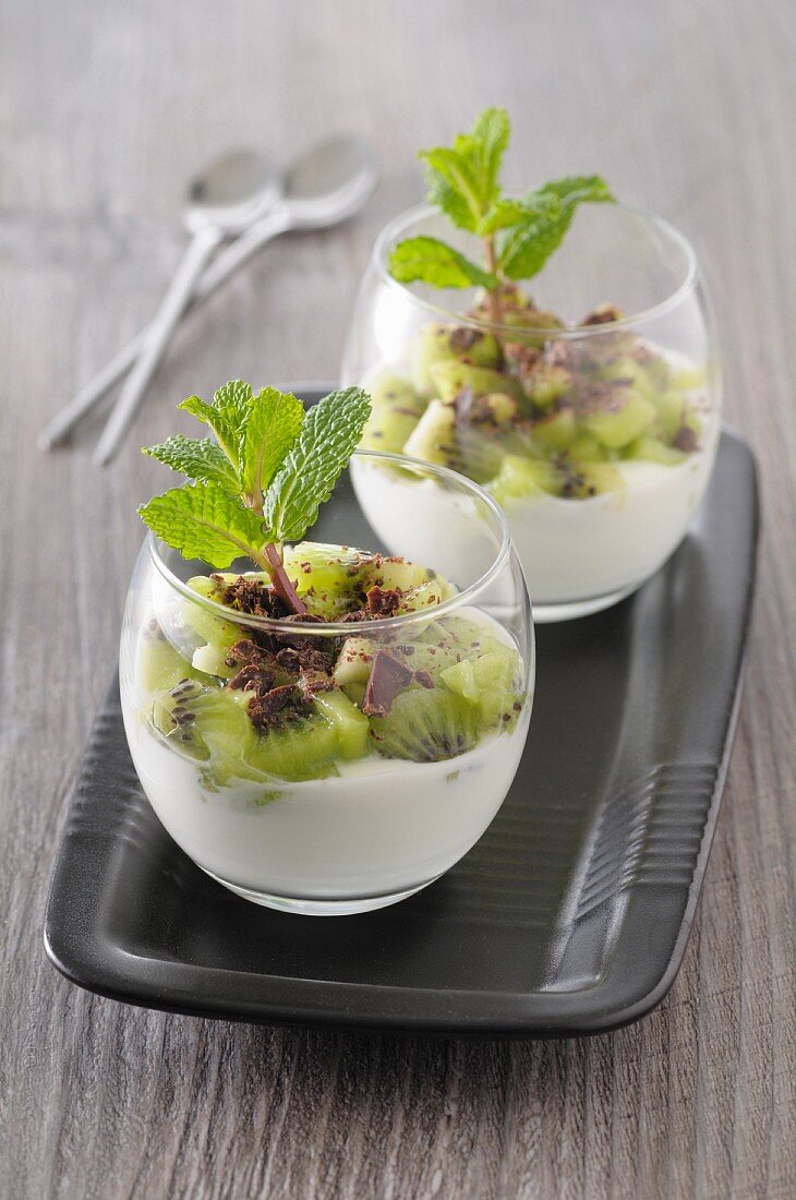 White chocolate mousse with kiwi and mint