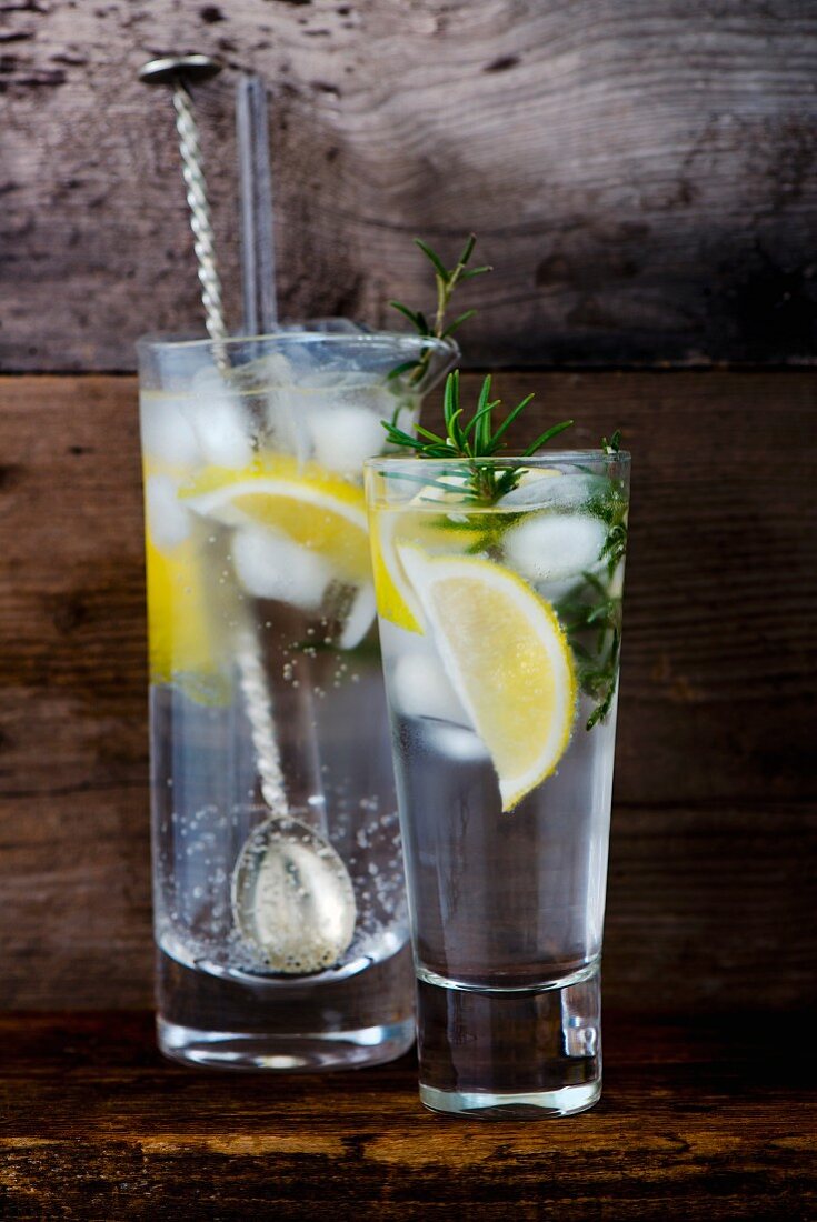 Gin and tonic with lemon, ice cubes and rosemary