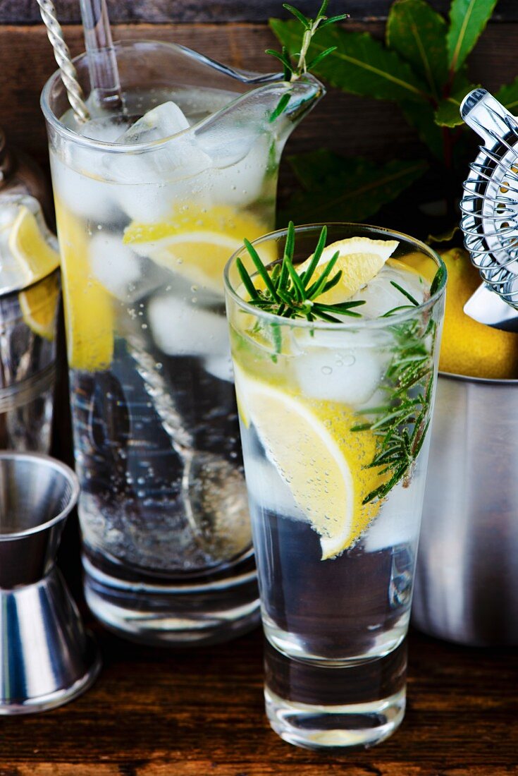 Gin and tonic with lemon, ice cubes and rosemary between bar utensils