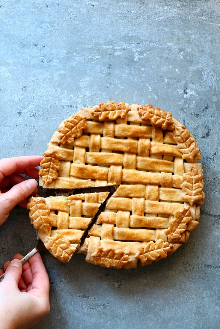 Apfelkuchen mit Teiggitter, angeschnitten (Aufsicht)