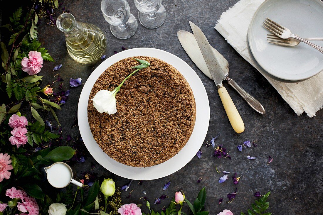 Black Sesame Crumb Cake served cream and with wine