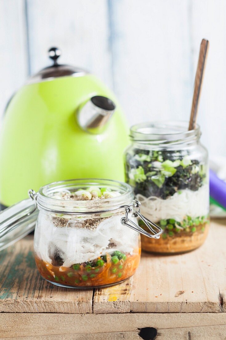 Two DIY instant soups in glass jars
