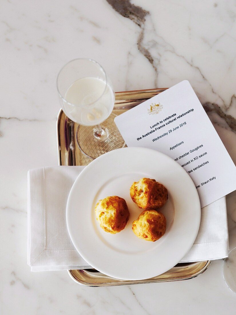 Mustard cheddar gougeres in a French restaurant