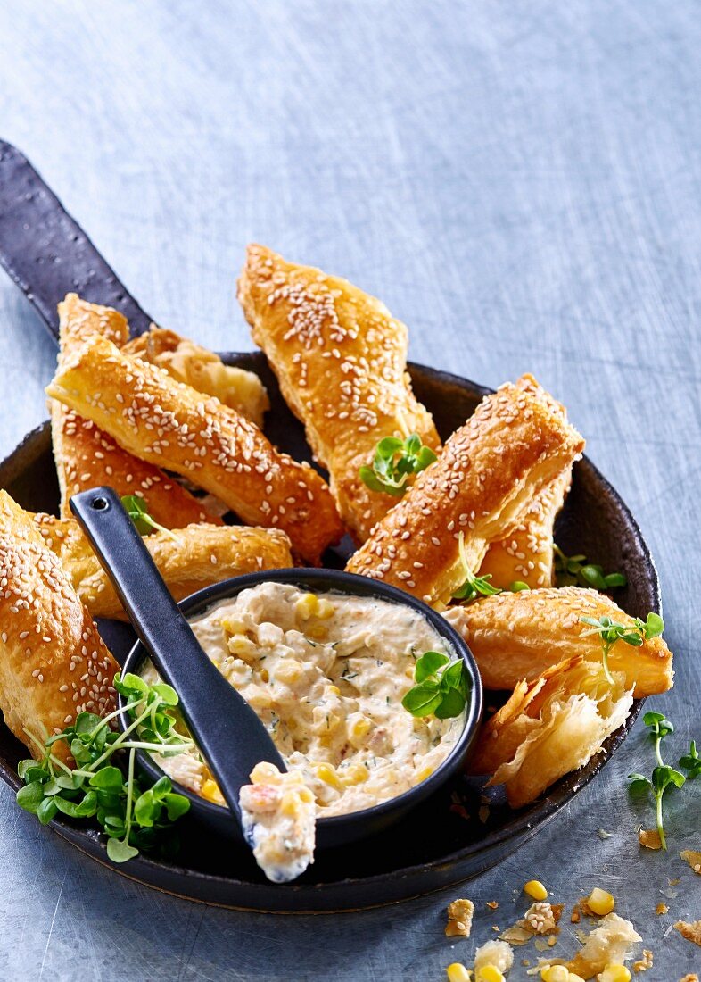 Smoked fish and sweetcorn spread with flaky pastry sticks