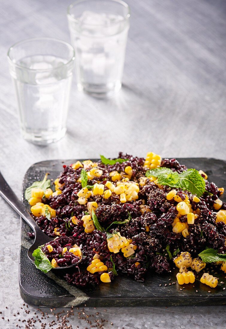 Black rice salad with sweetcorn, mint and chia seeds