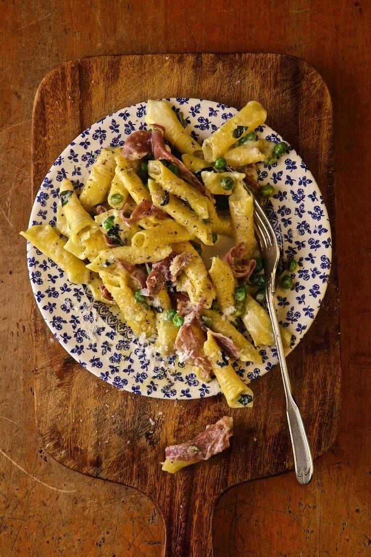 Ham Garganelli con Piselli and Prosciutto di Parma (Italy)