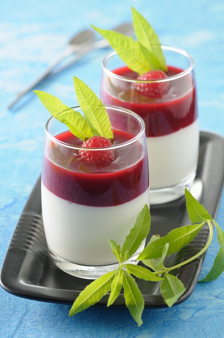 Kokosmilch-Panna Cotta mit Himbeercoulis und Zitronenverbene