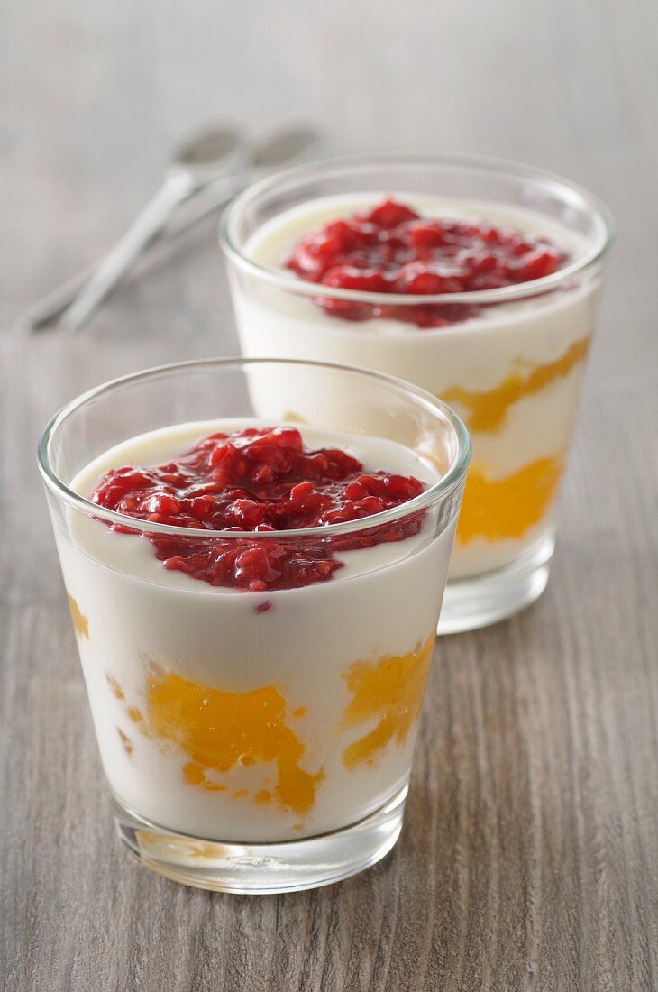 Yoghurt desserts with lemon curd and raspberry puree