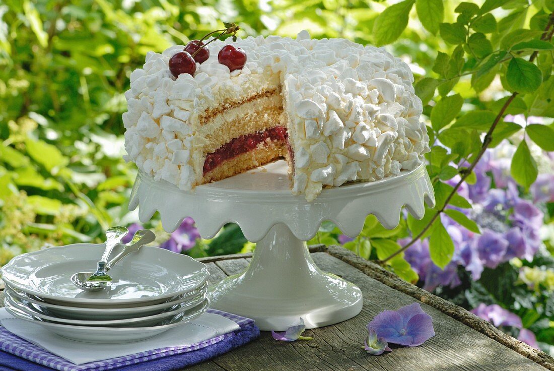 Cherry mascarpone cake on a cake stand in a garden