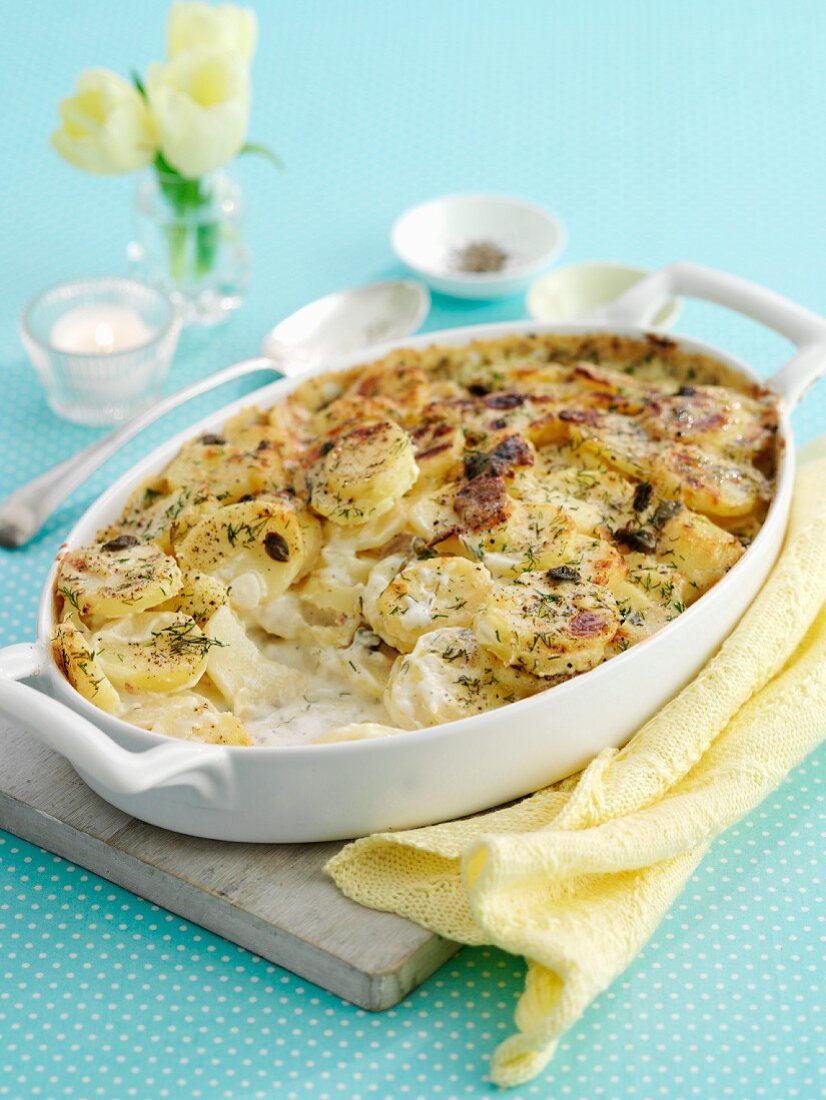 Potato gratin in a baking dish