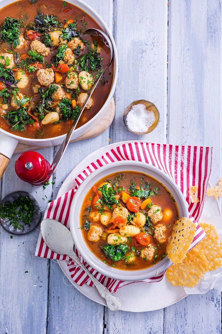 Tuscan Sausage Soup with Parmesan Crisps