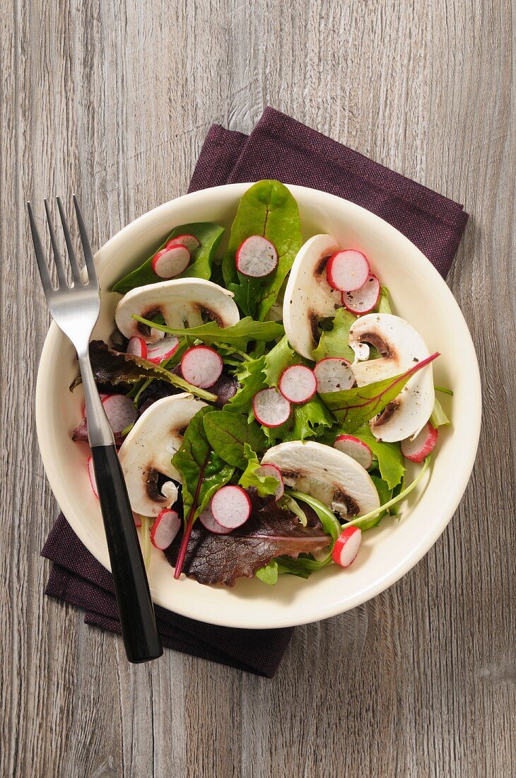 Blattsalat mit Champignons und Radieschen