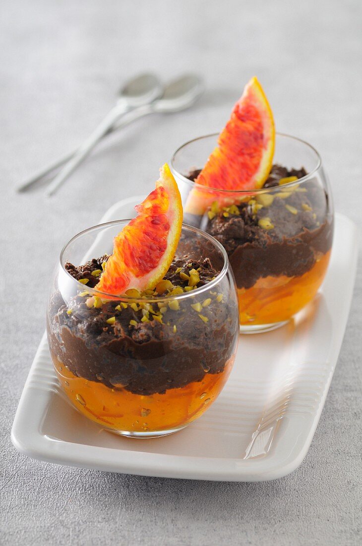Pot de cream (chocolate dessert, France) on blood orange jam