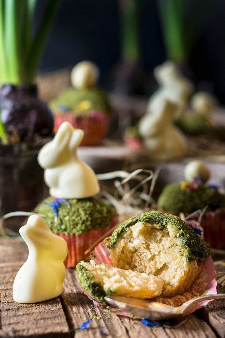 Easter muffins decorated with edible moss