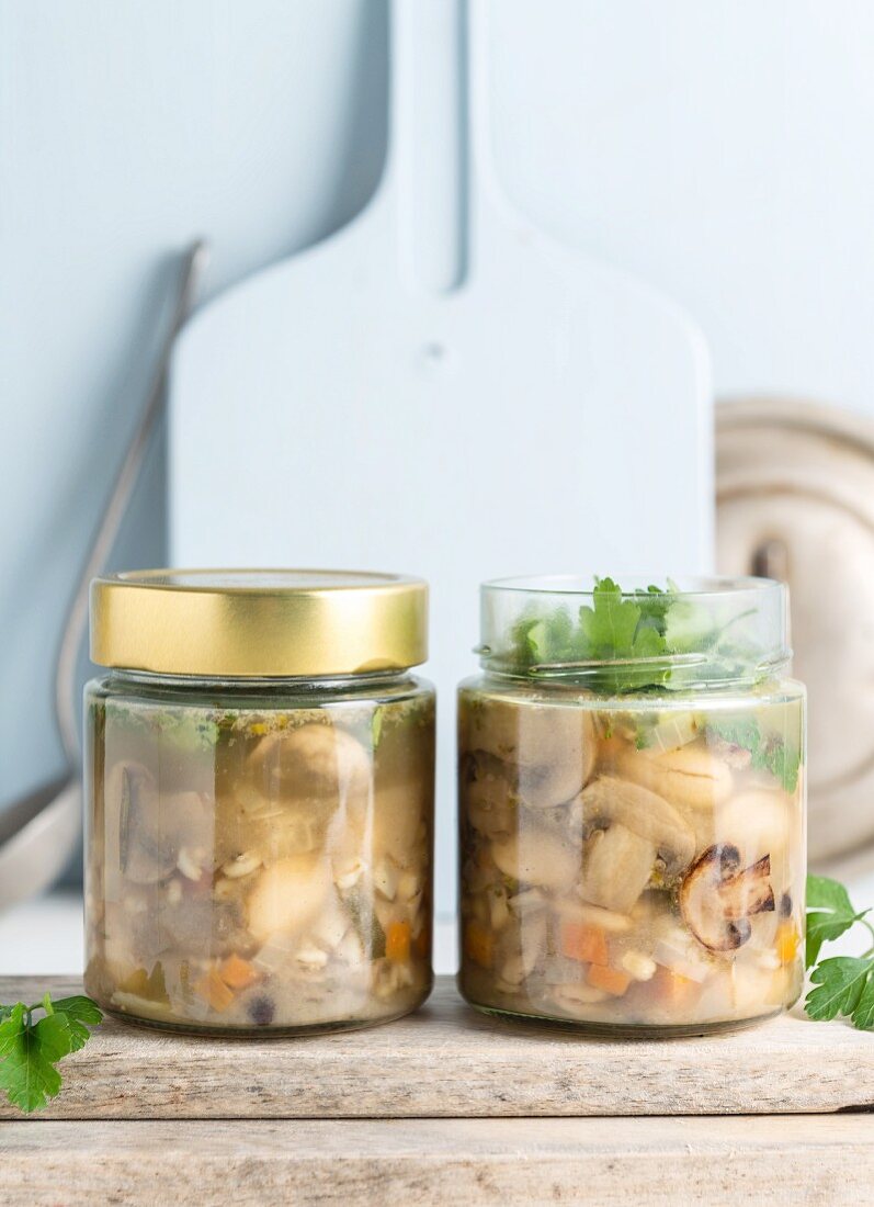 Vegan mushroom and butterbeans soup in a jar