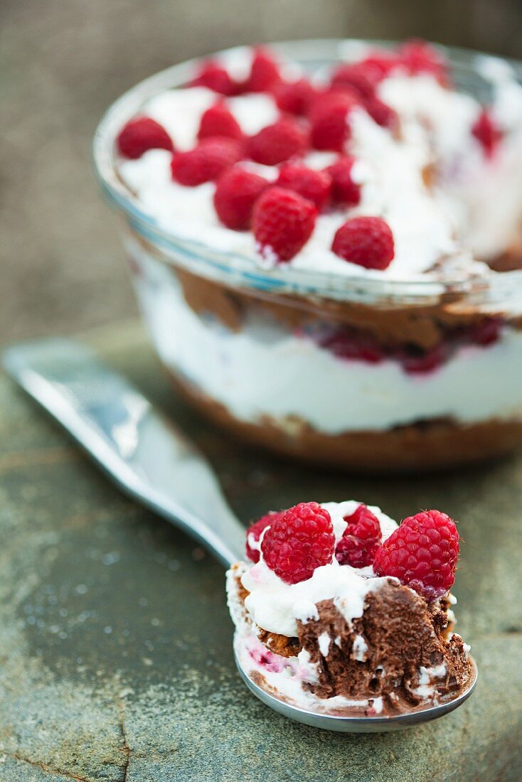 A spoon of chocolate mousse with whipped cream and raspberries