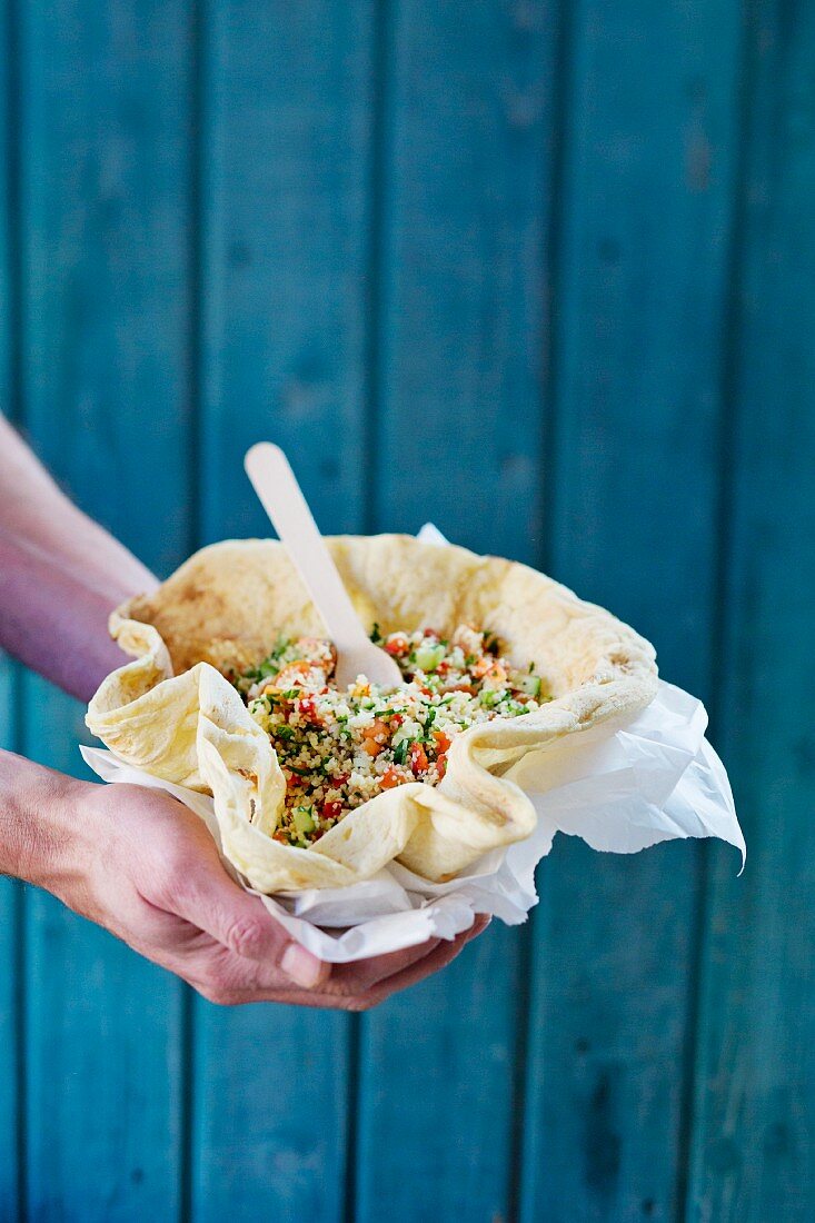 Tabouleh in a flatbread bowl