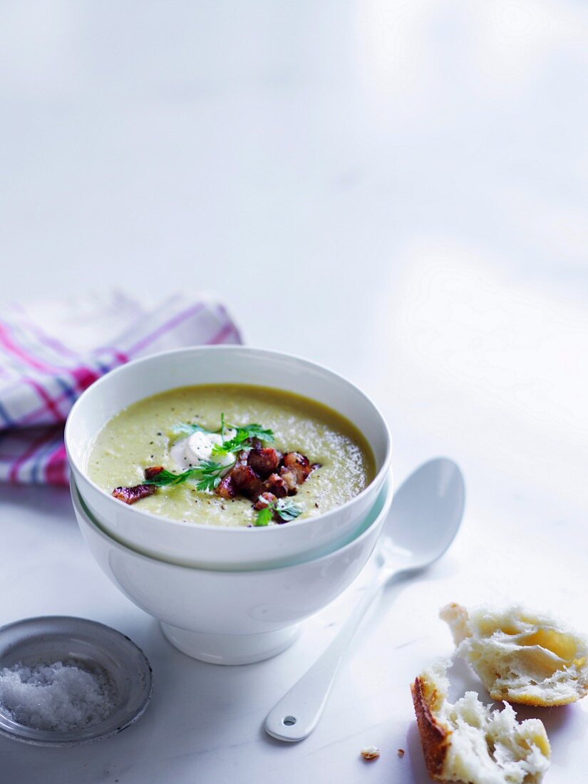 Spring Corn and bacon soup with creme fraiche