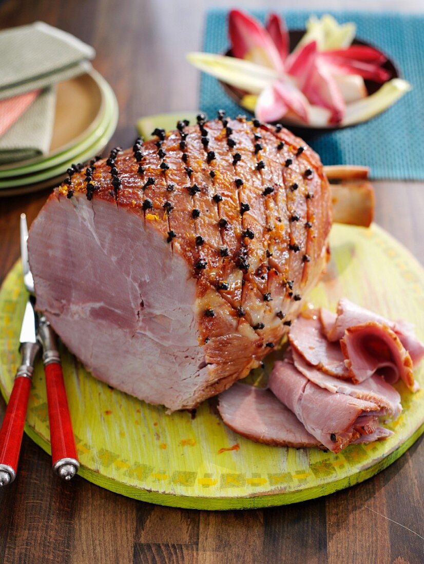 Fried ham with cloves and a honey and mustard glaze