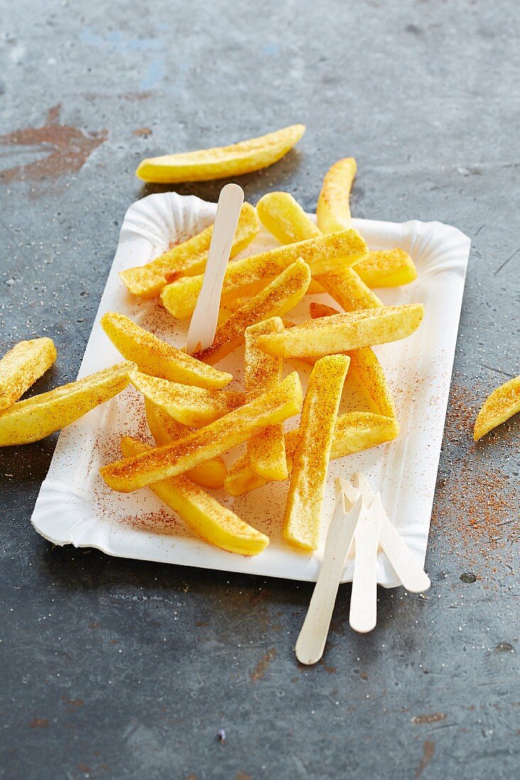 French fries with flavoured salt on a paper plate