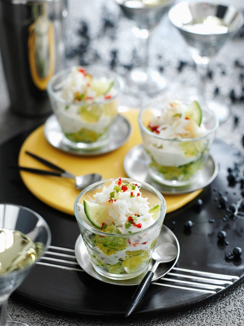 Festive seafood cocktails with crab meat and cucumber jelly