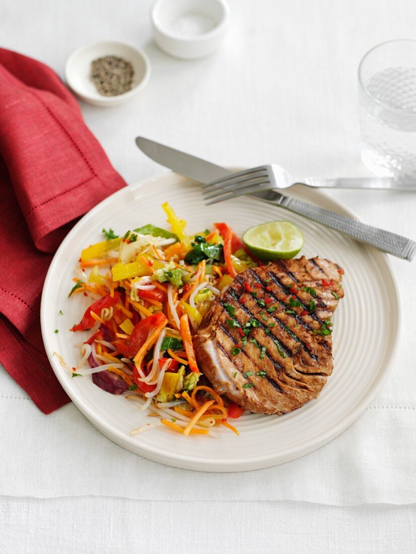 Grilled tuna steak with Asian vegetables