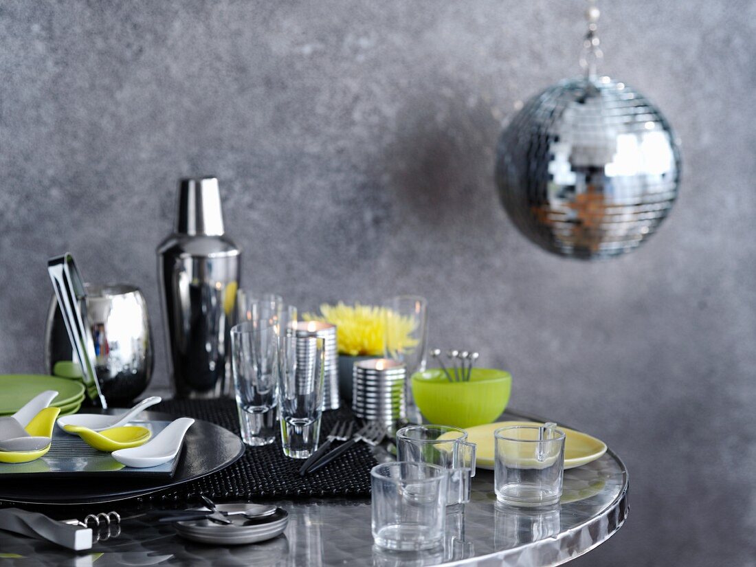 Various barware, glasses and crockery for a party