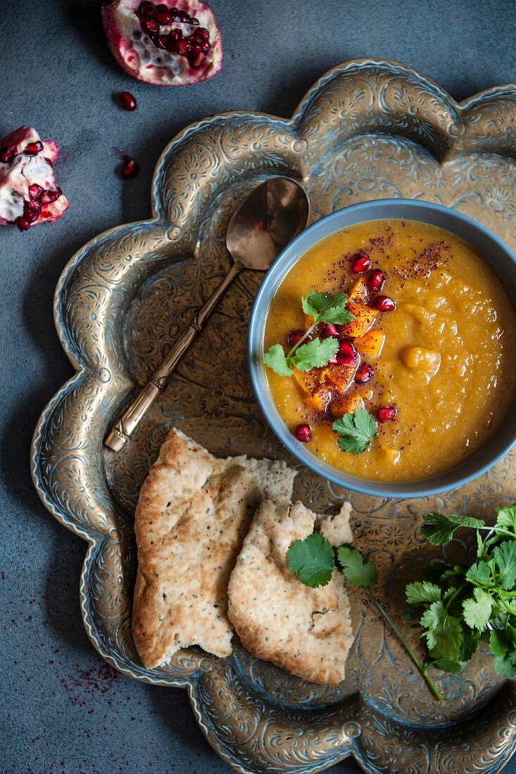 Spicy butternut squash soup with sumach, coriander and pomegranate seeds