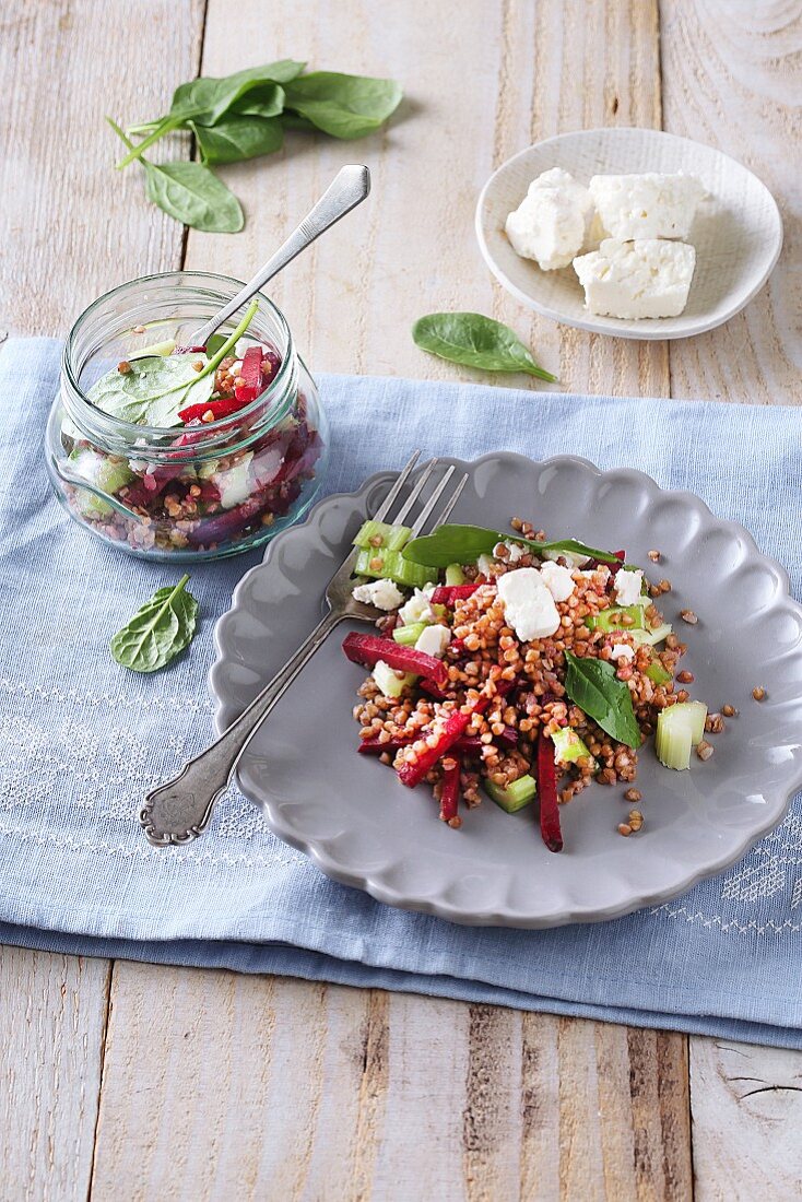 A buckwheat salad with feta and spinach