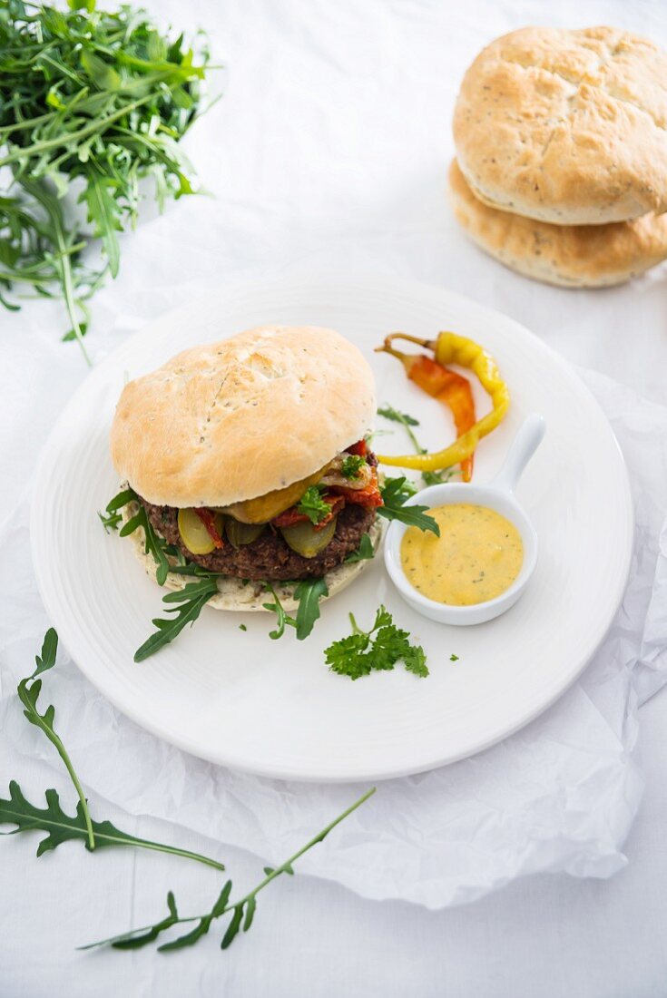 Vegan burgers with chia buns and a swede and bean patty