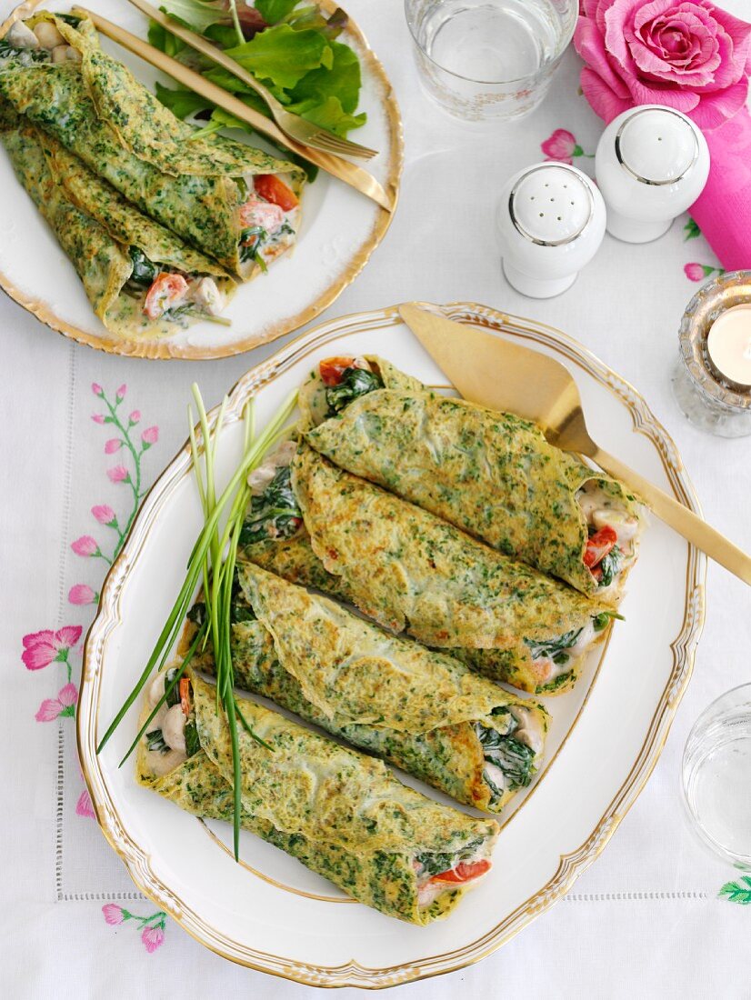 Herb crepes with a mushroom and spinach filling