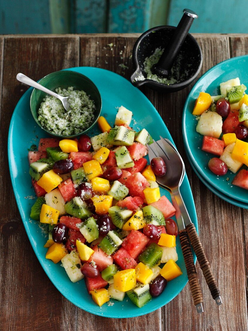 Tropical fruit salad with mint infused sugar