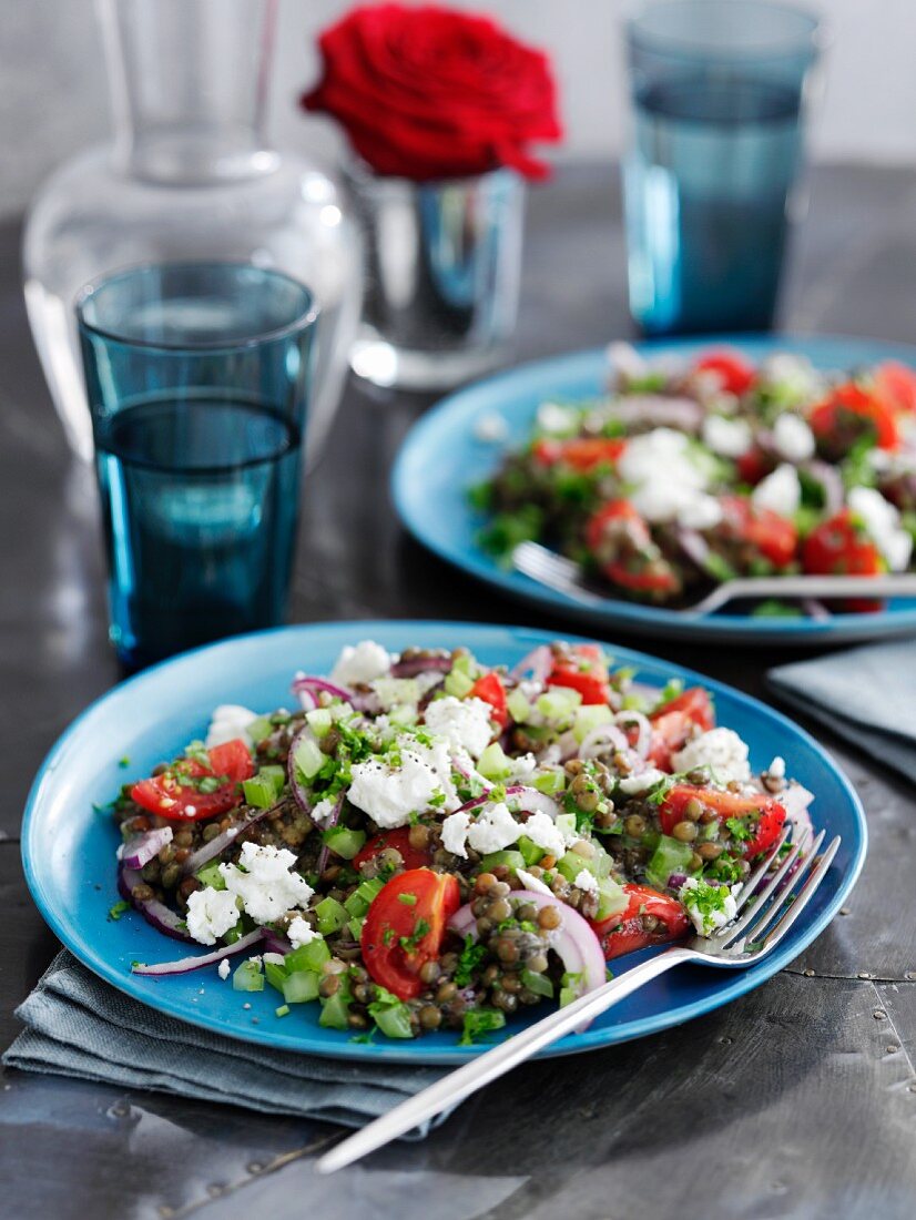 Warm lentil salad with tomatoes, onions and goat's cheese