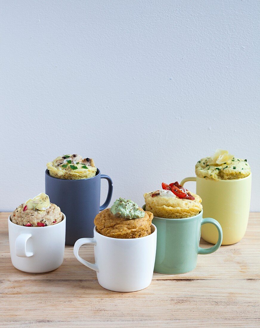 Five different savoury mug cakes