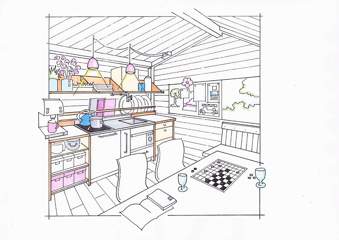 Illustration: A small kitchen for self-catering holidaymakers in a garden house